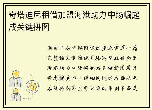 奇塔迪尼租借加盟海港助力中场崛起成关键拼图 奇塔迪尼租借加盟海港助力中场崛起成关键拼图